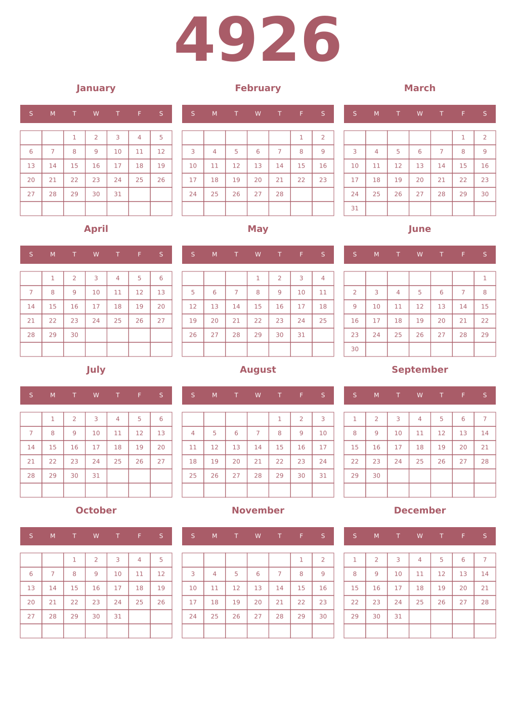 Printable 4926 Year Calendars puce