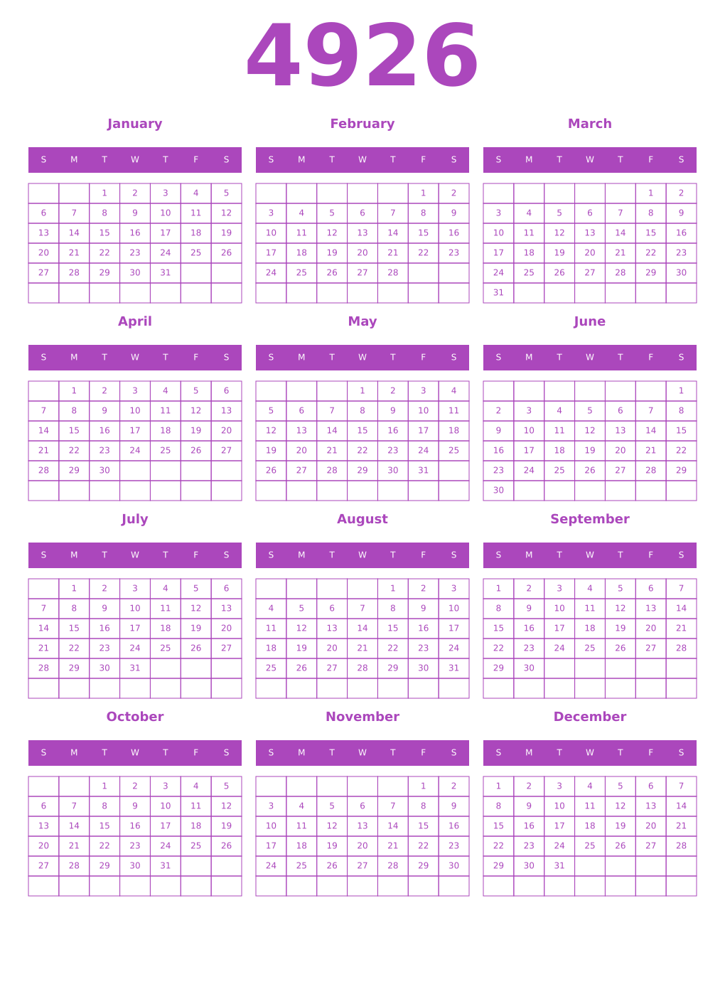 Printable 4926 Year Calendars purple