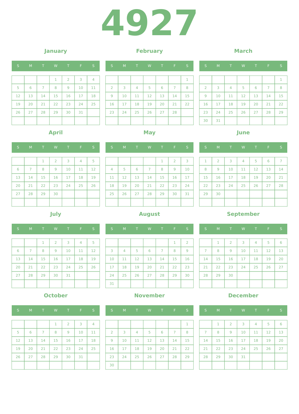 Printable 4927 Year Calendars celadon