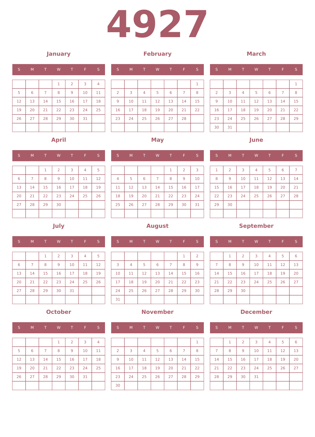 Printable 4927 Year Calendars puce