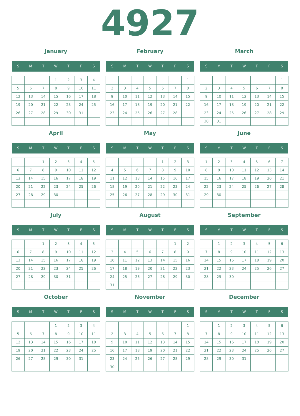 Printable 4927 Year Calendars viridian