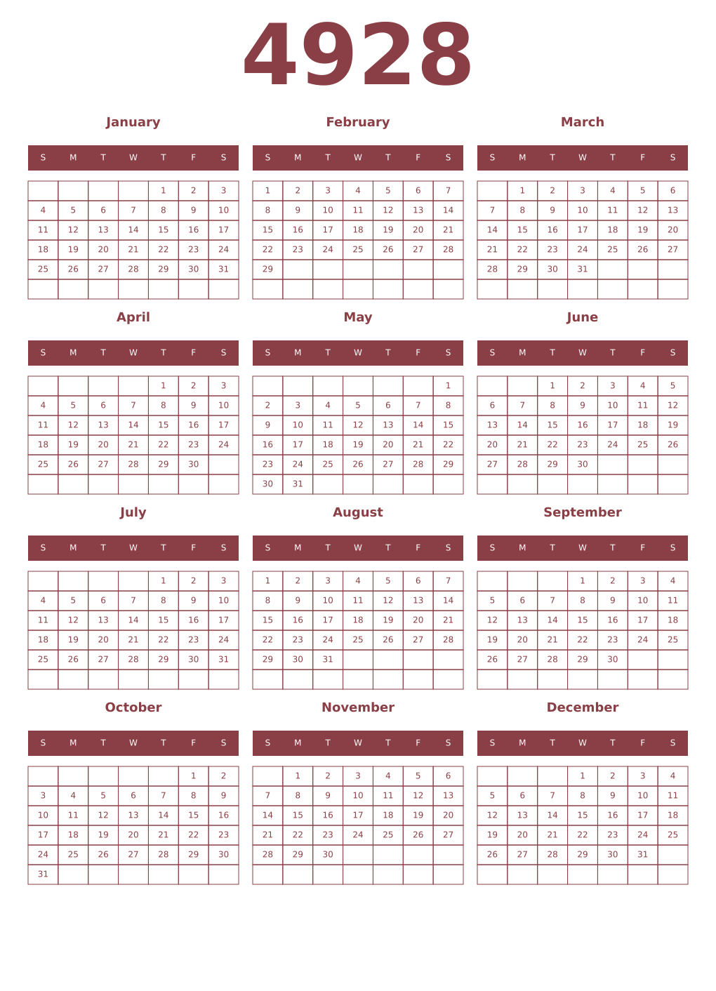 Printable 4928 Year Calendars cordovan