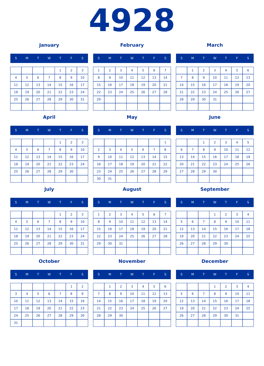 Printable 4928 Year Calendars smalt