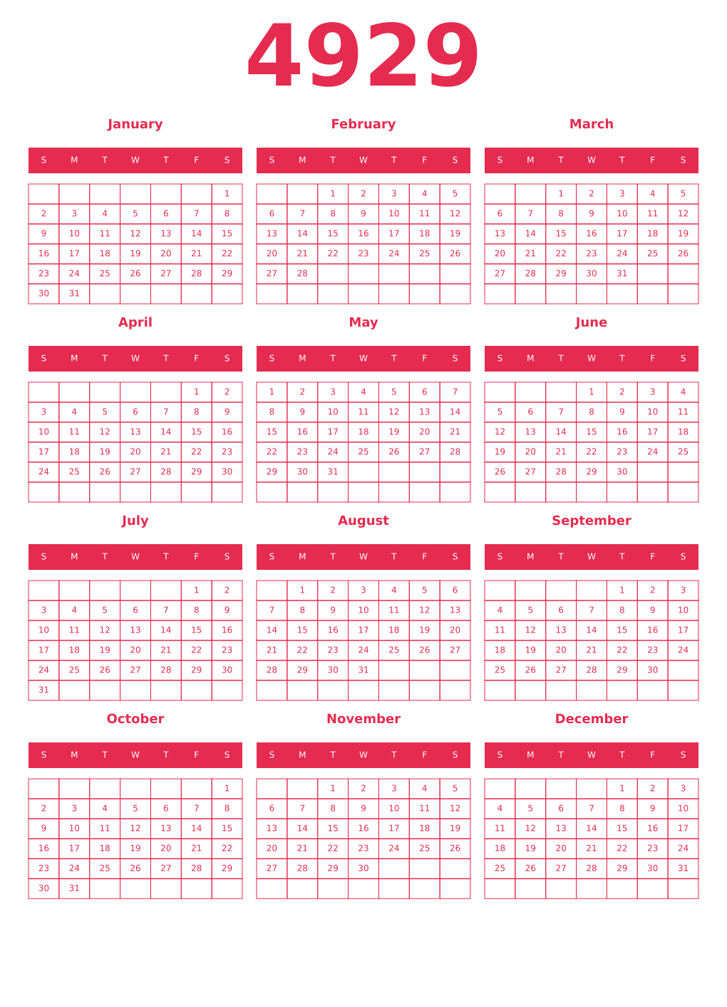Printable 4929 Year Calendars amaranth