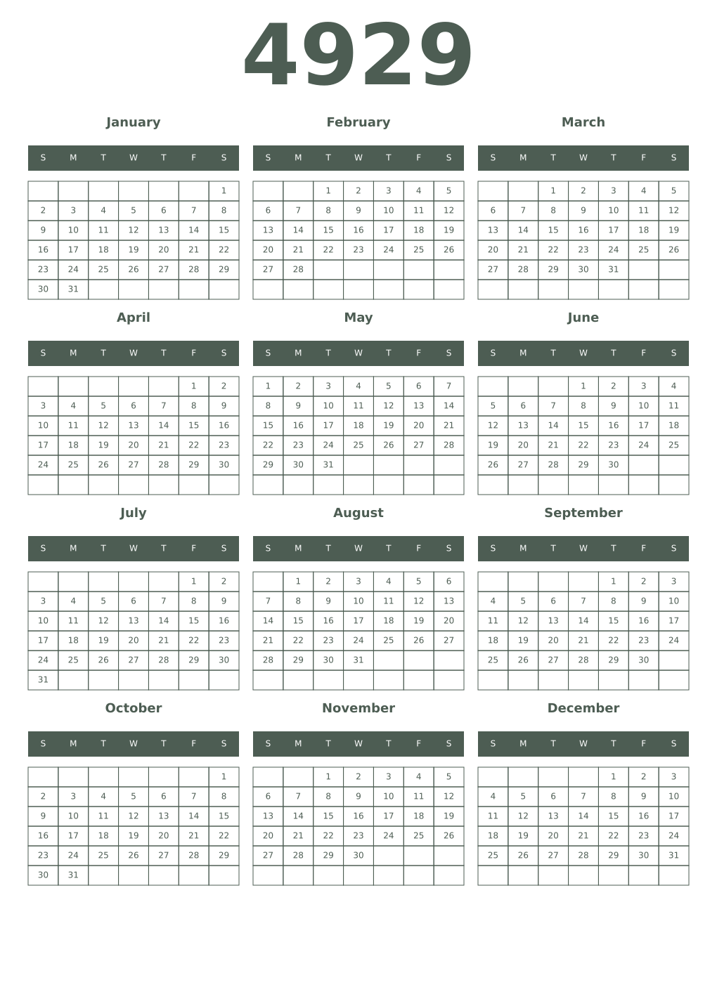 Printable 4929 Year Calendars feldgrau