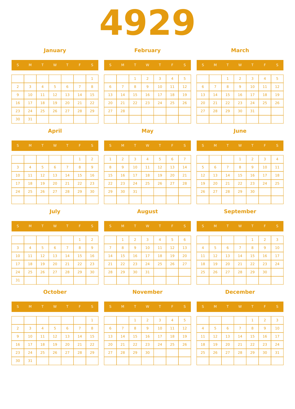 Printable 4929 Year Calendars gamboge
