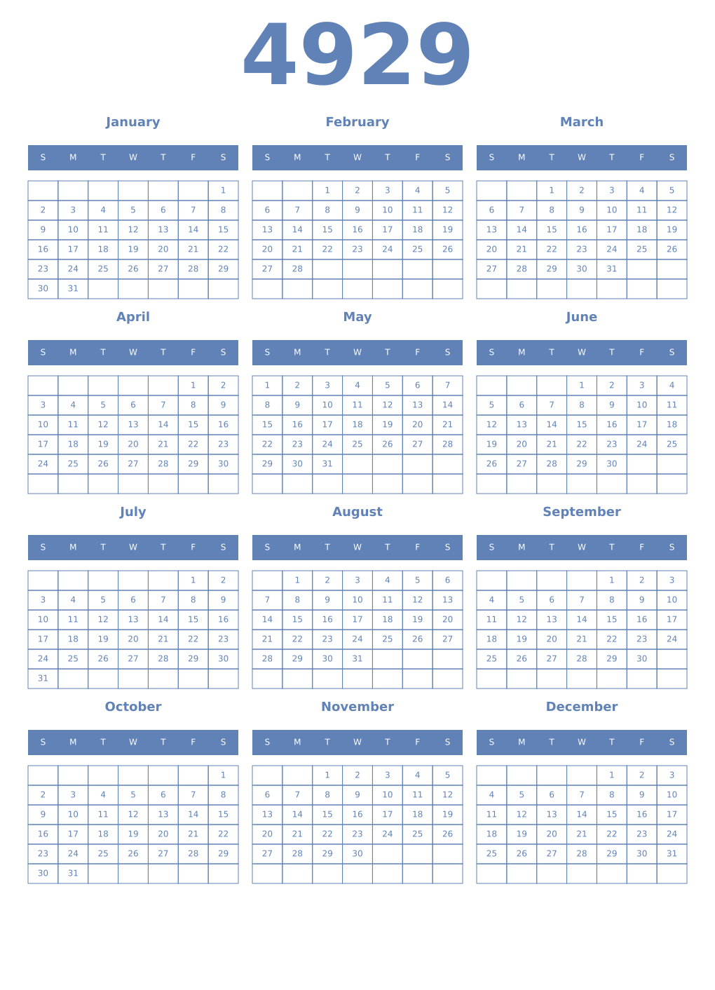 Printable 4929 Year Calendars glaucous