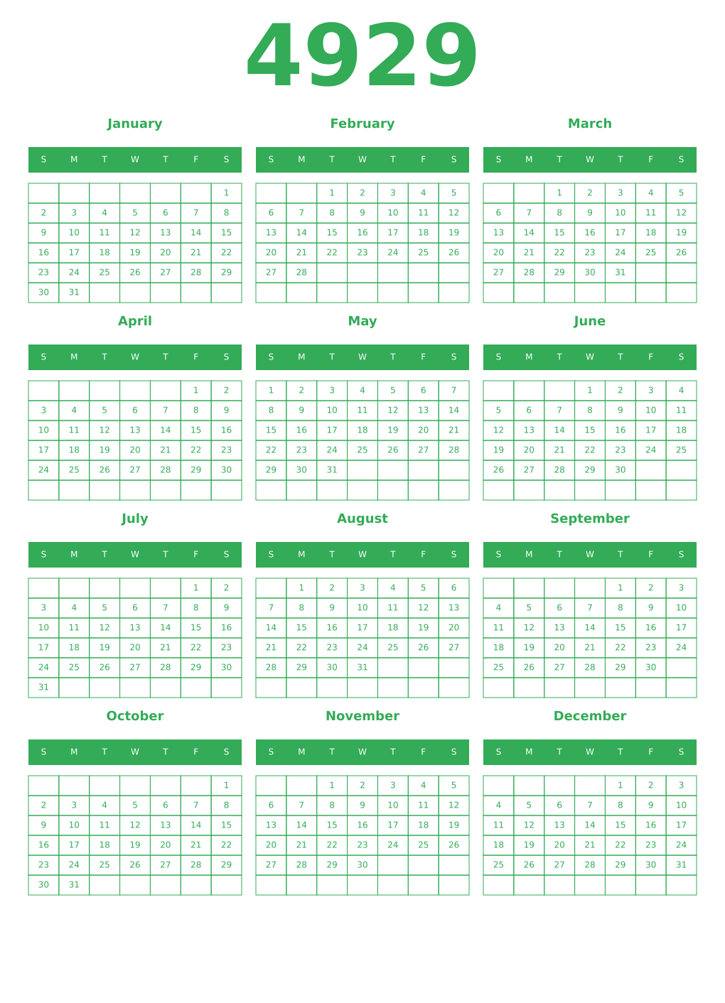 Printable 4929 Year Calendars green