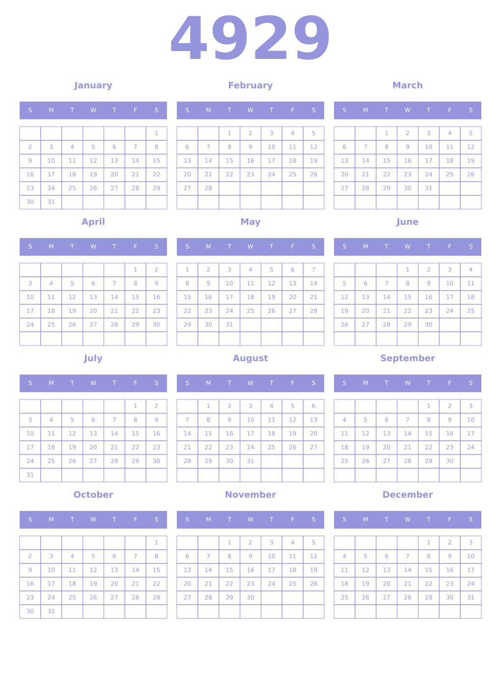 Printable 4929 Year Calendars periwinkle