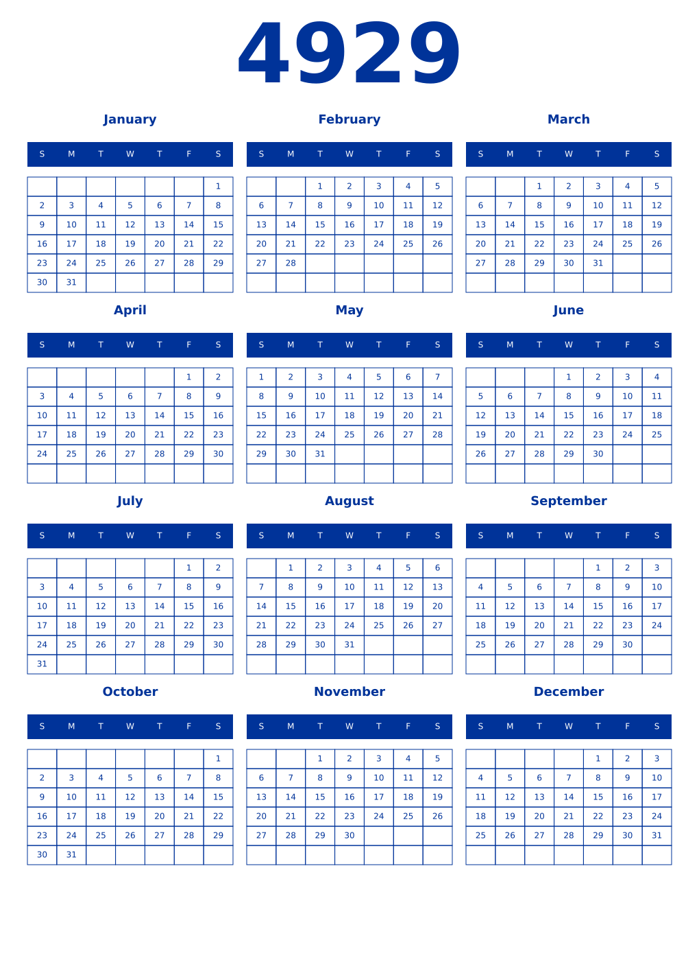 Printable 4929 Year Calendars smalt