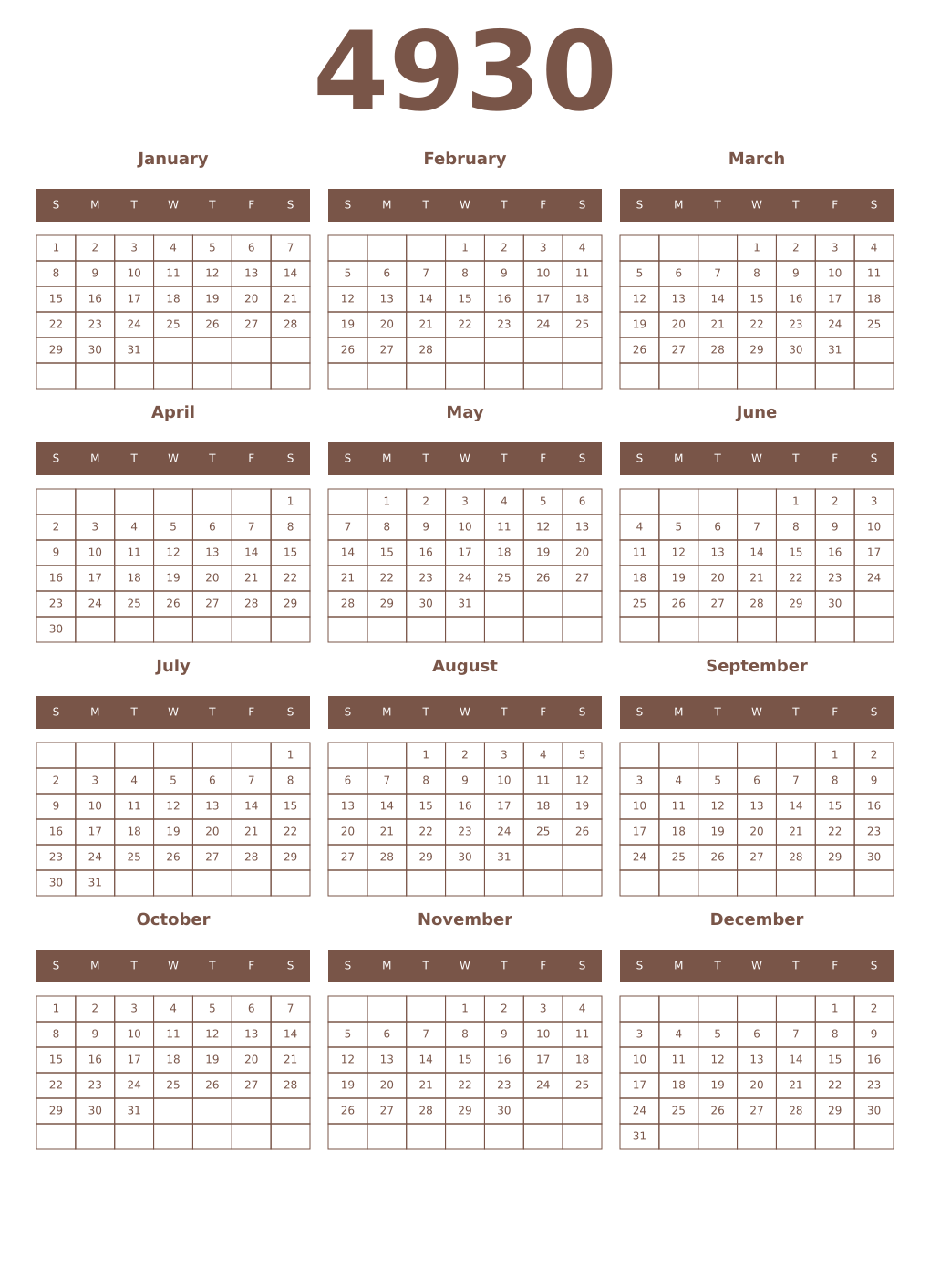 Printable 4930 Year Calendars coffe