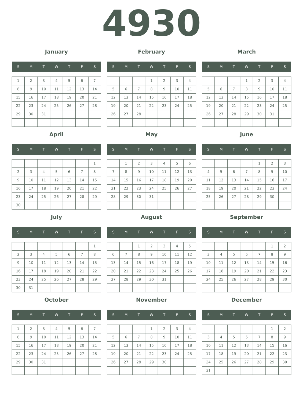 Printable 4930 Year Calendars feldgrau