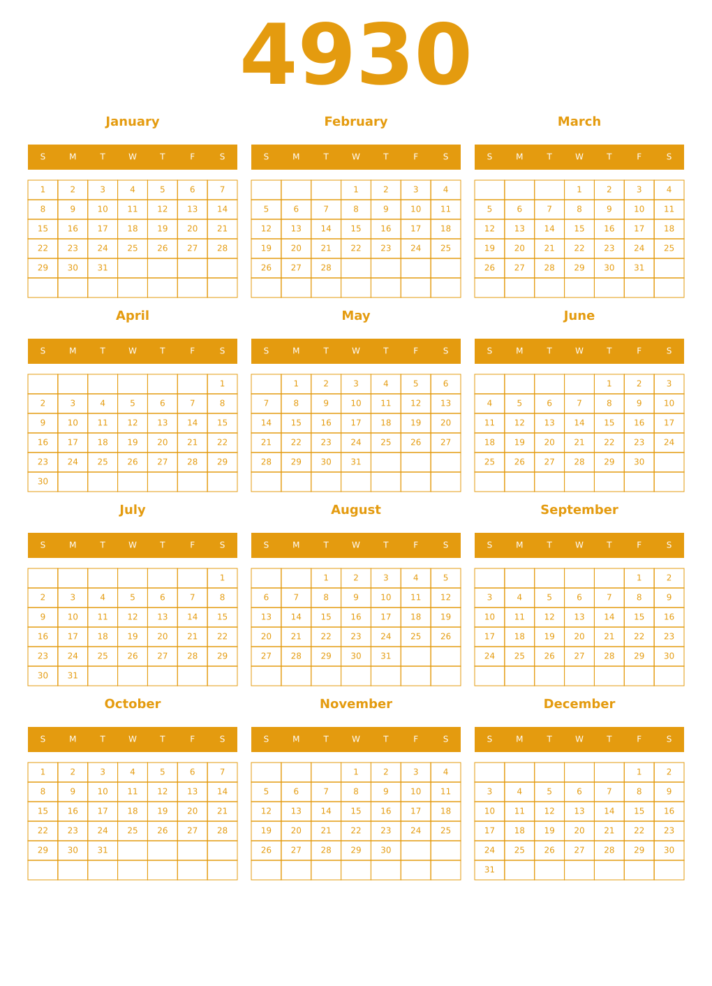Printable 4930 Year Calendars gamboge