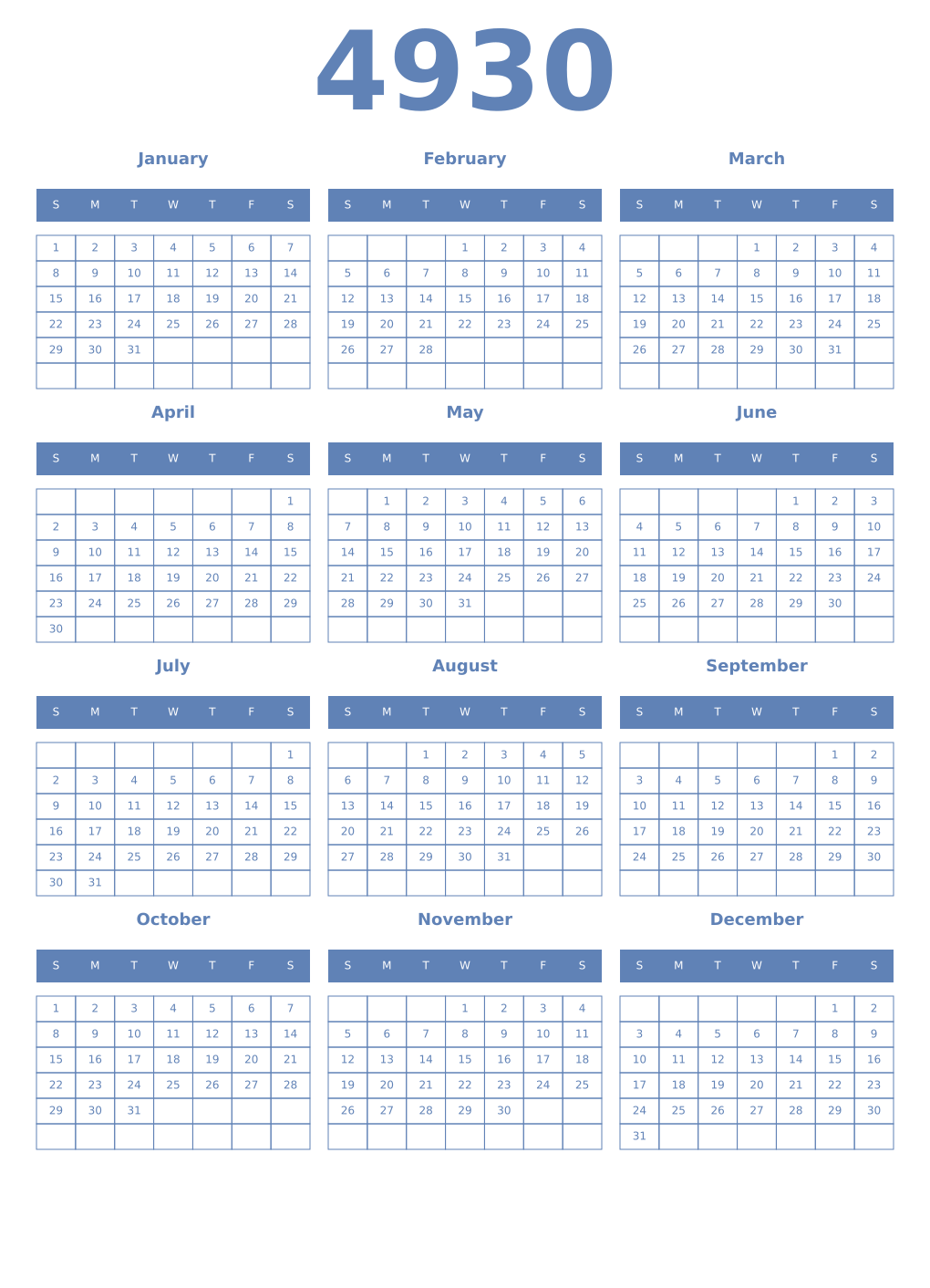 Printable 4930 Year Calendars glaucous