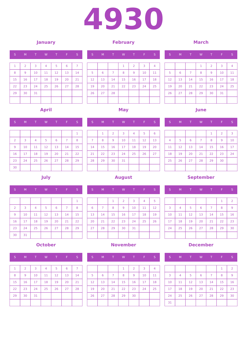 Printable 4930 Year Calendars purple