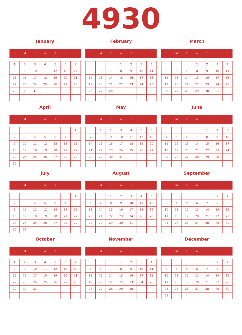 Printable 4930 Year Calendars red