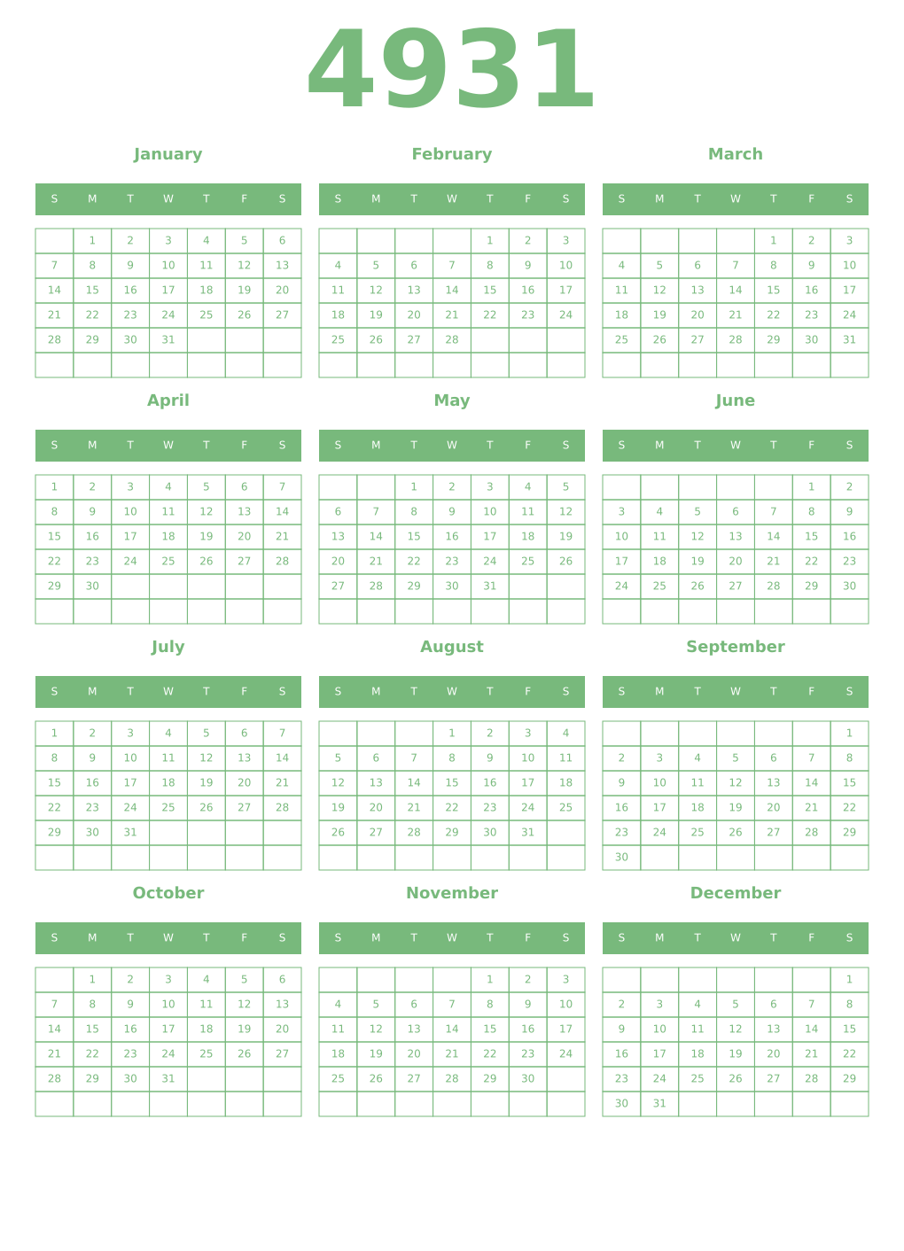 Printable 4931 Year Calendars celadon