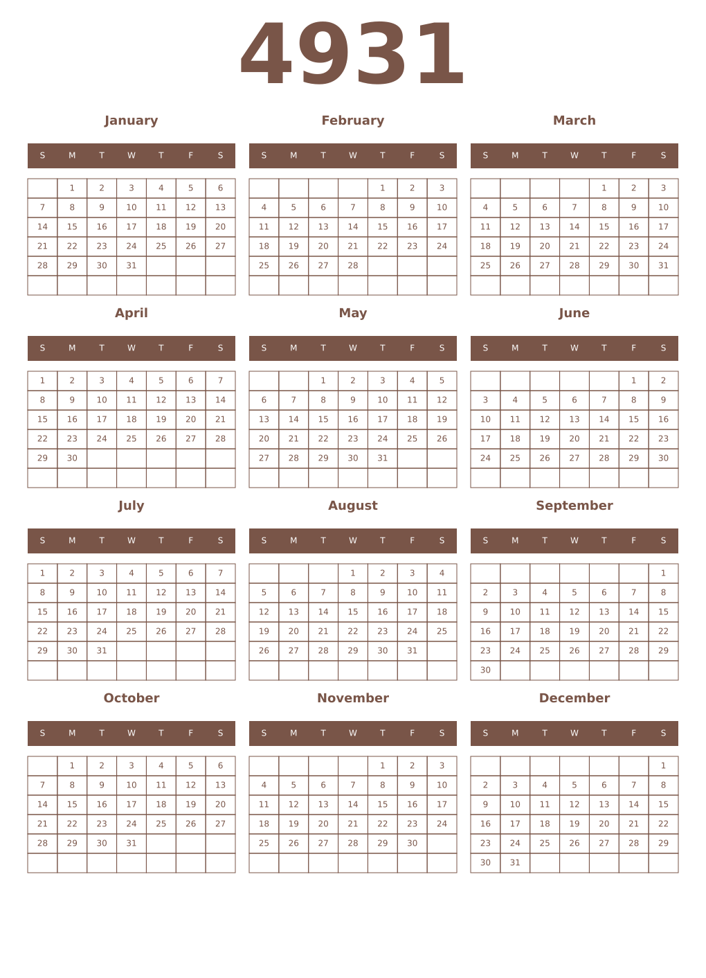 Printable 4931 Year Calendars coffe