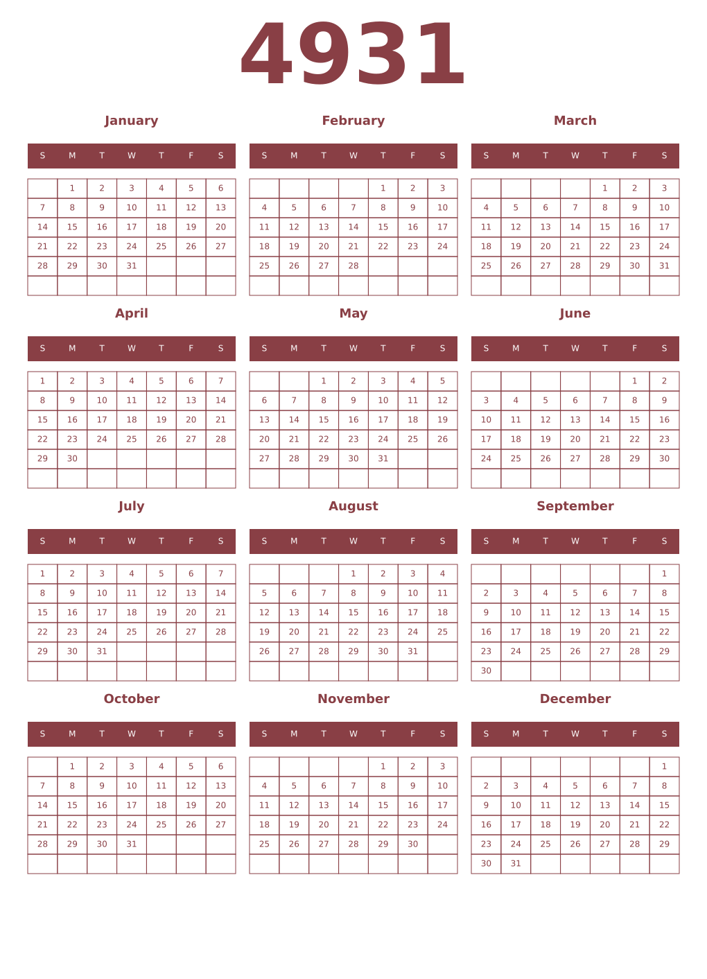 Printable 4931 Year Calendars cordovan