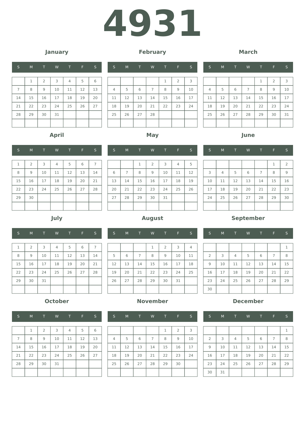 Printable 4931 Year Calendars feldgrau