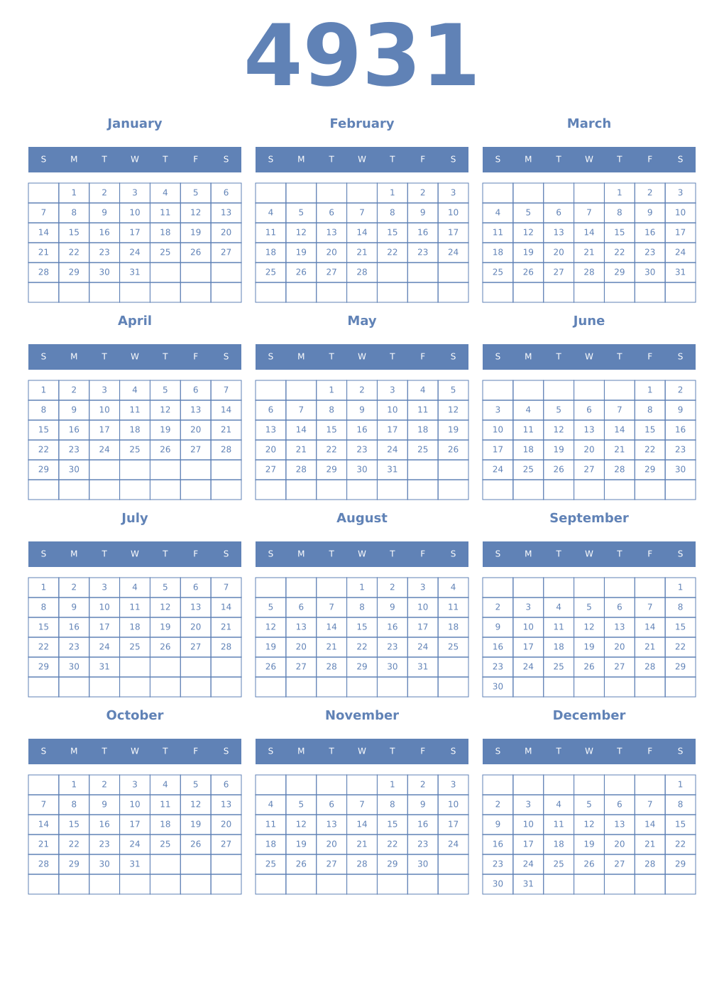 Printable 4931 Year Calendars glaucous