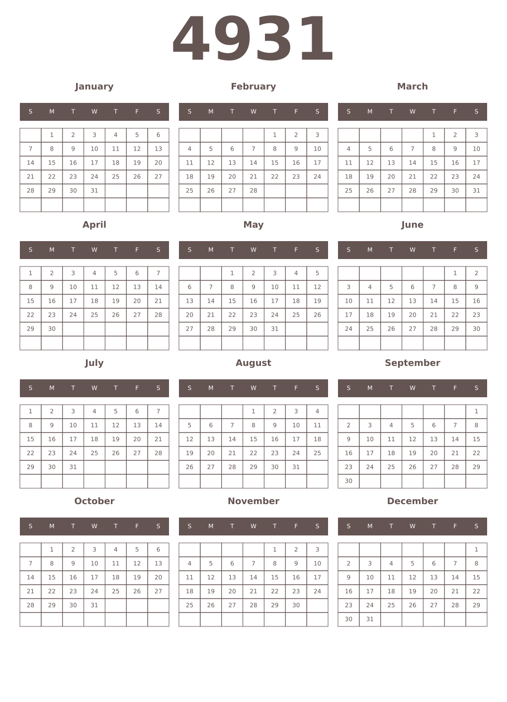 Printable 4931 Year Calendars wenge