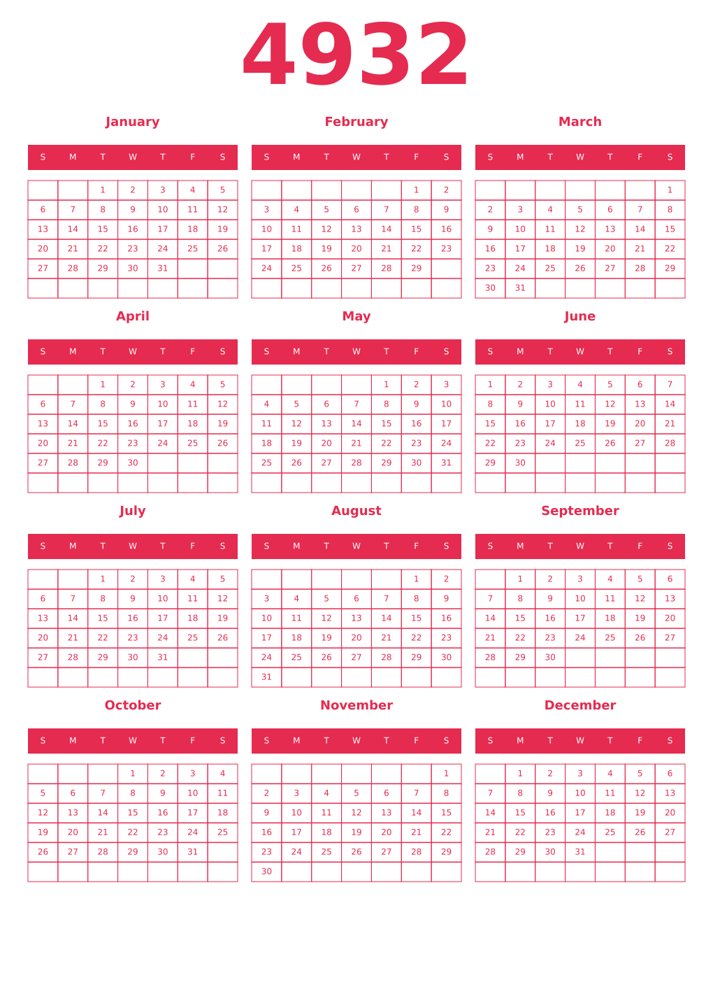 Printable 4932 Year Calendars amaranth