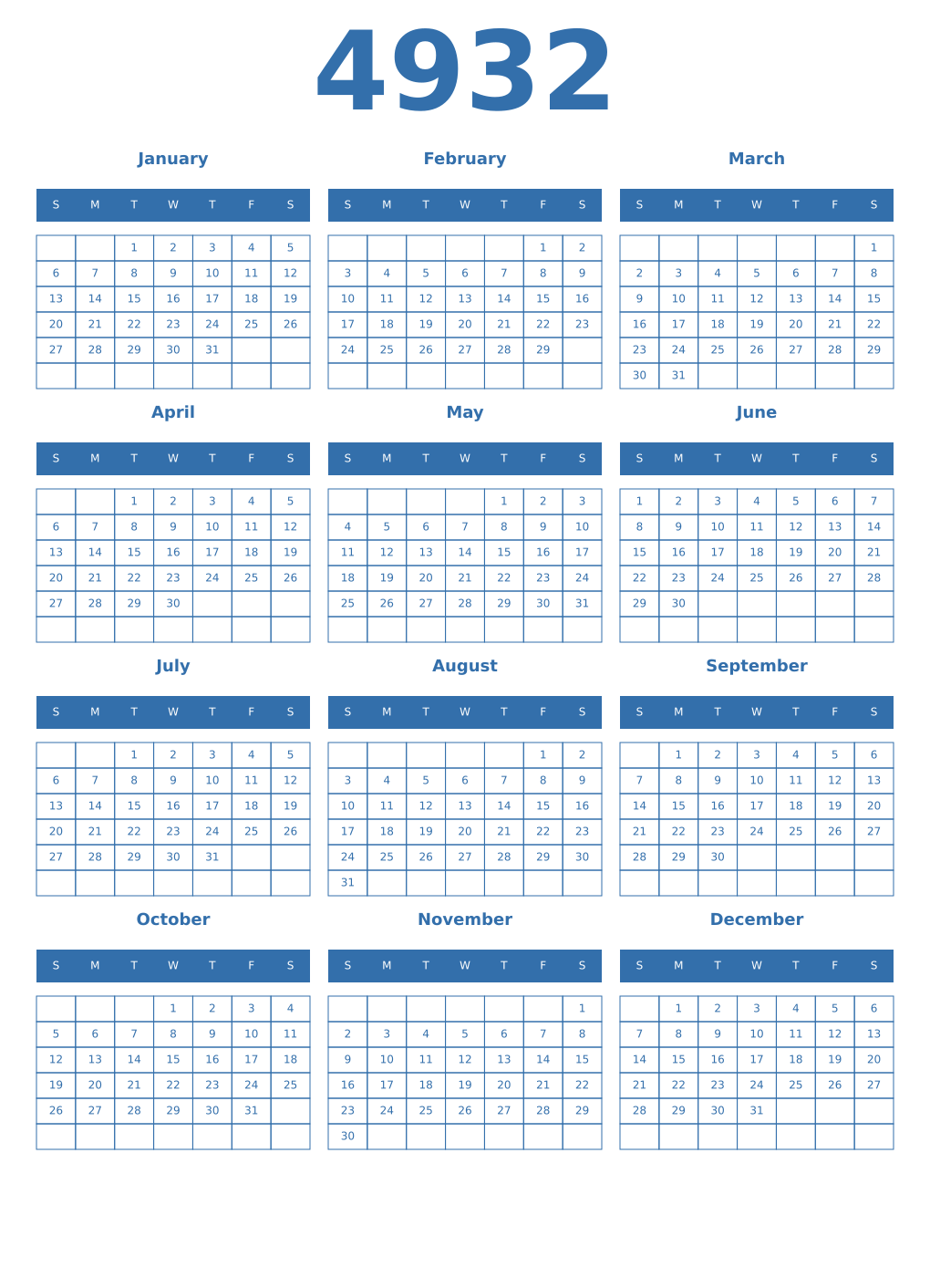 Printable 4932 Year Calendars blue