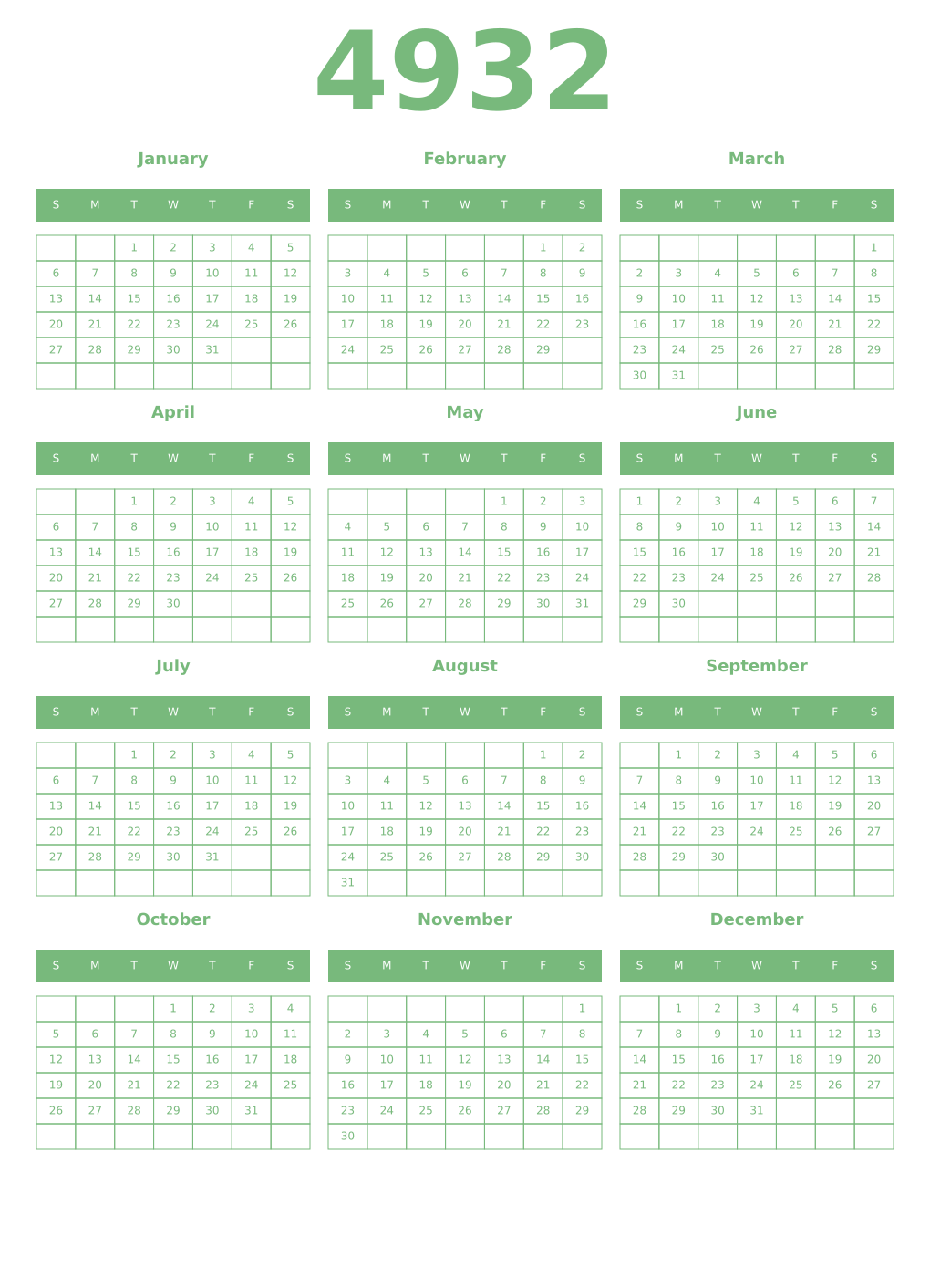 Printable 4932 Year Calendars celadon