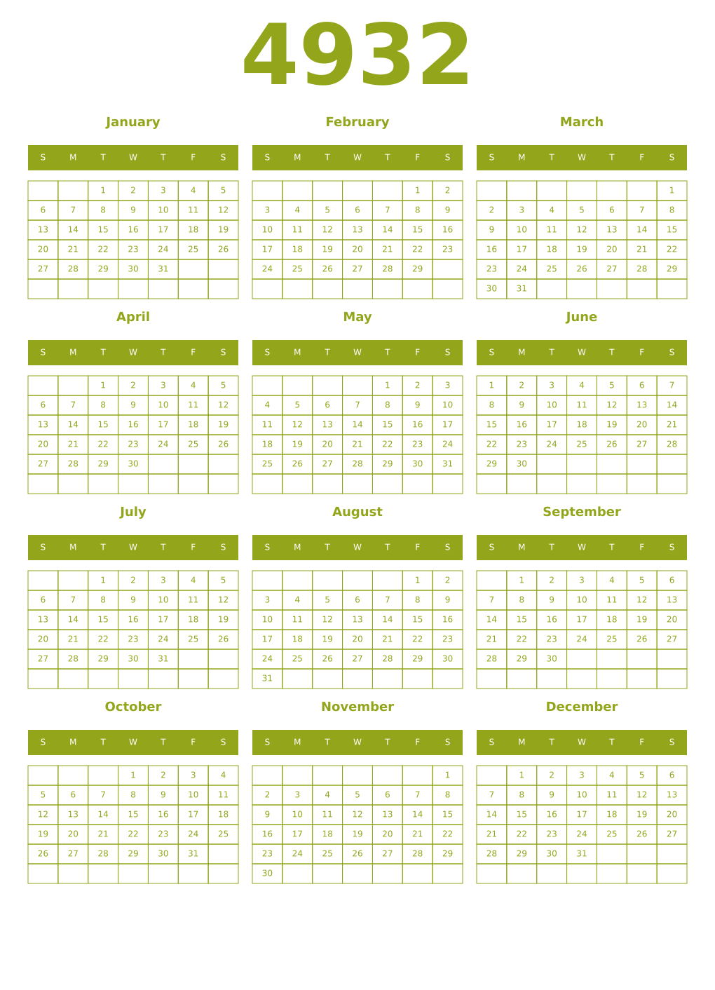 Printable 4932 Year Calendars chartreuse