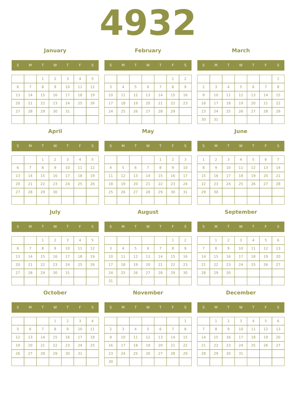 Printable 4932 Year Calendars eburnean
