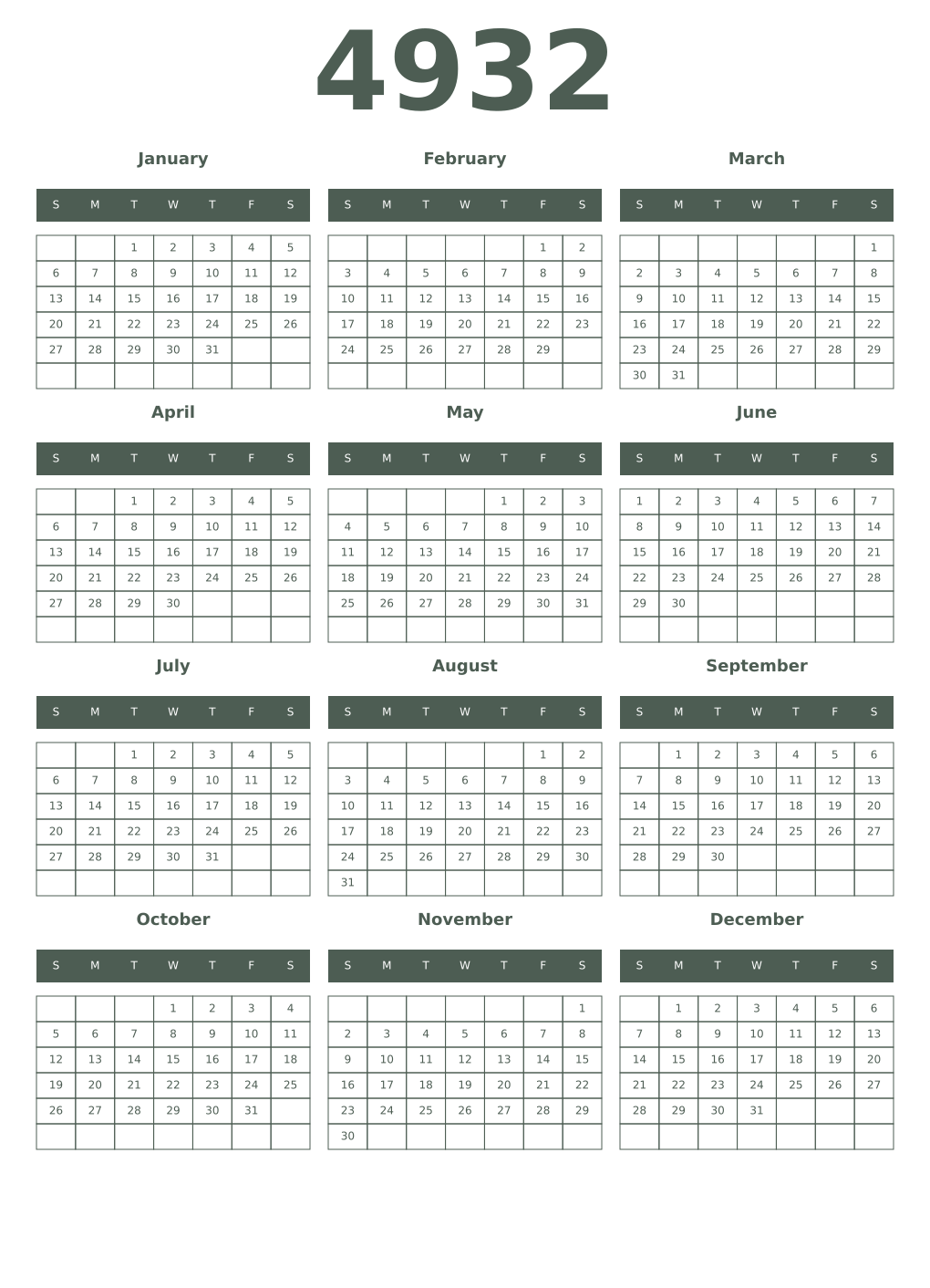 Printable 4932 Year Calendars feldgrau