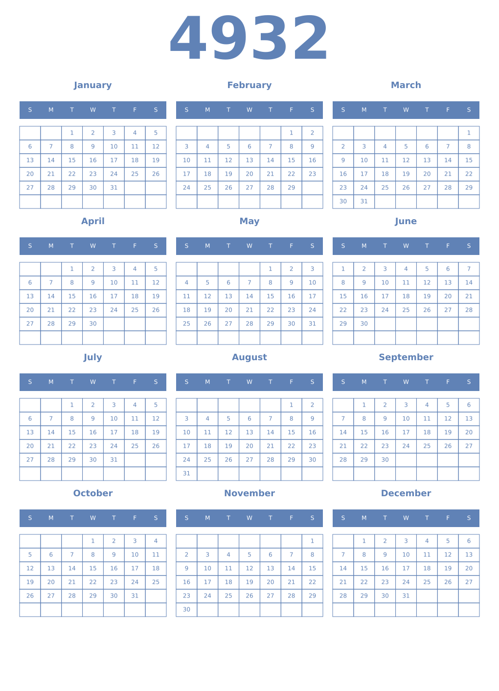Printable 4932 Year Calendars glaucous