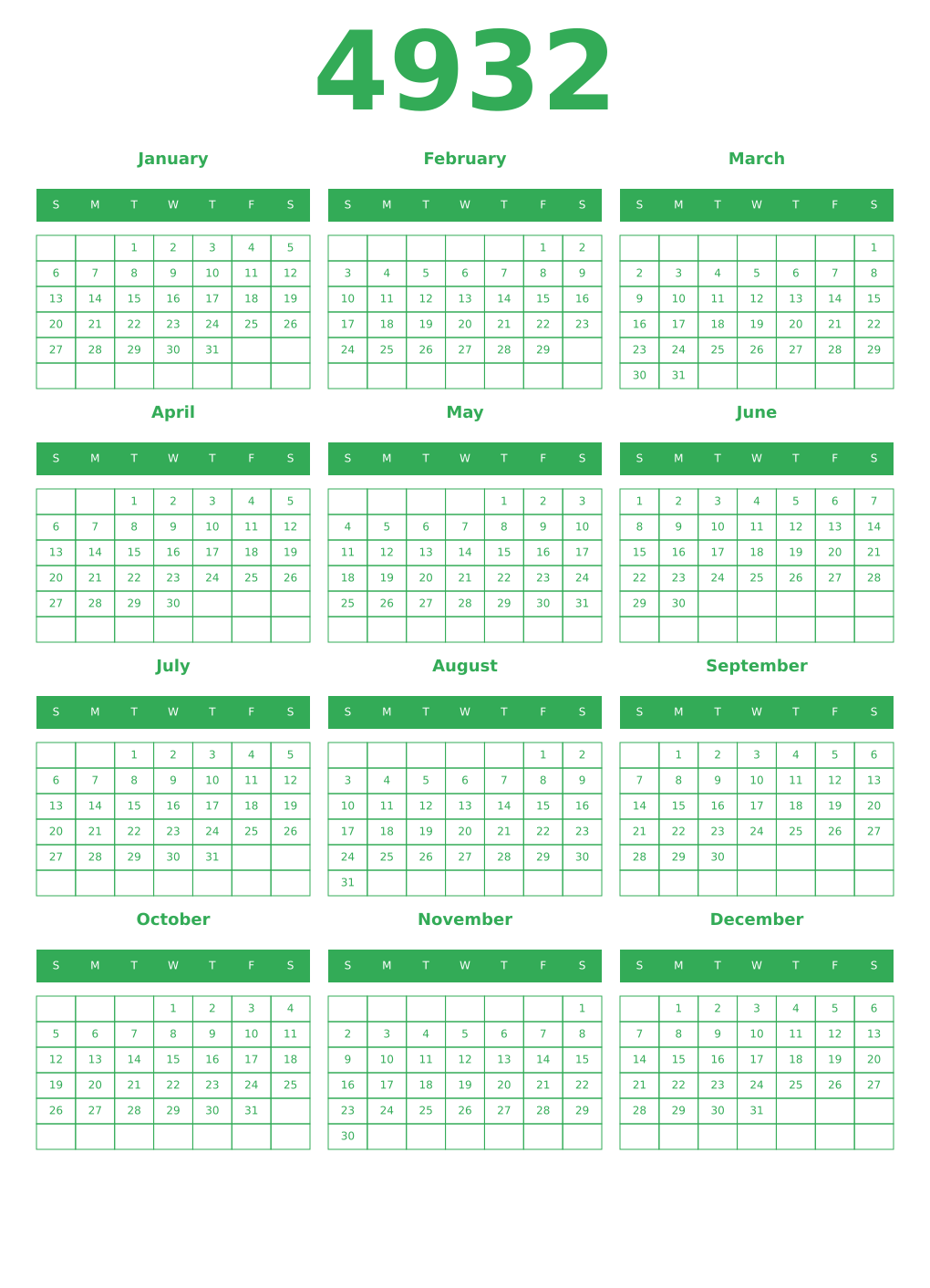Printable 4932 Year Calendars green