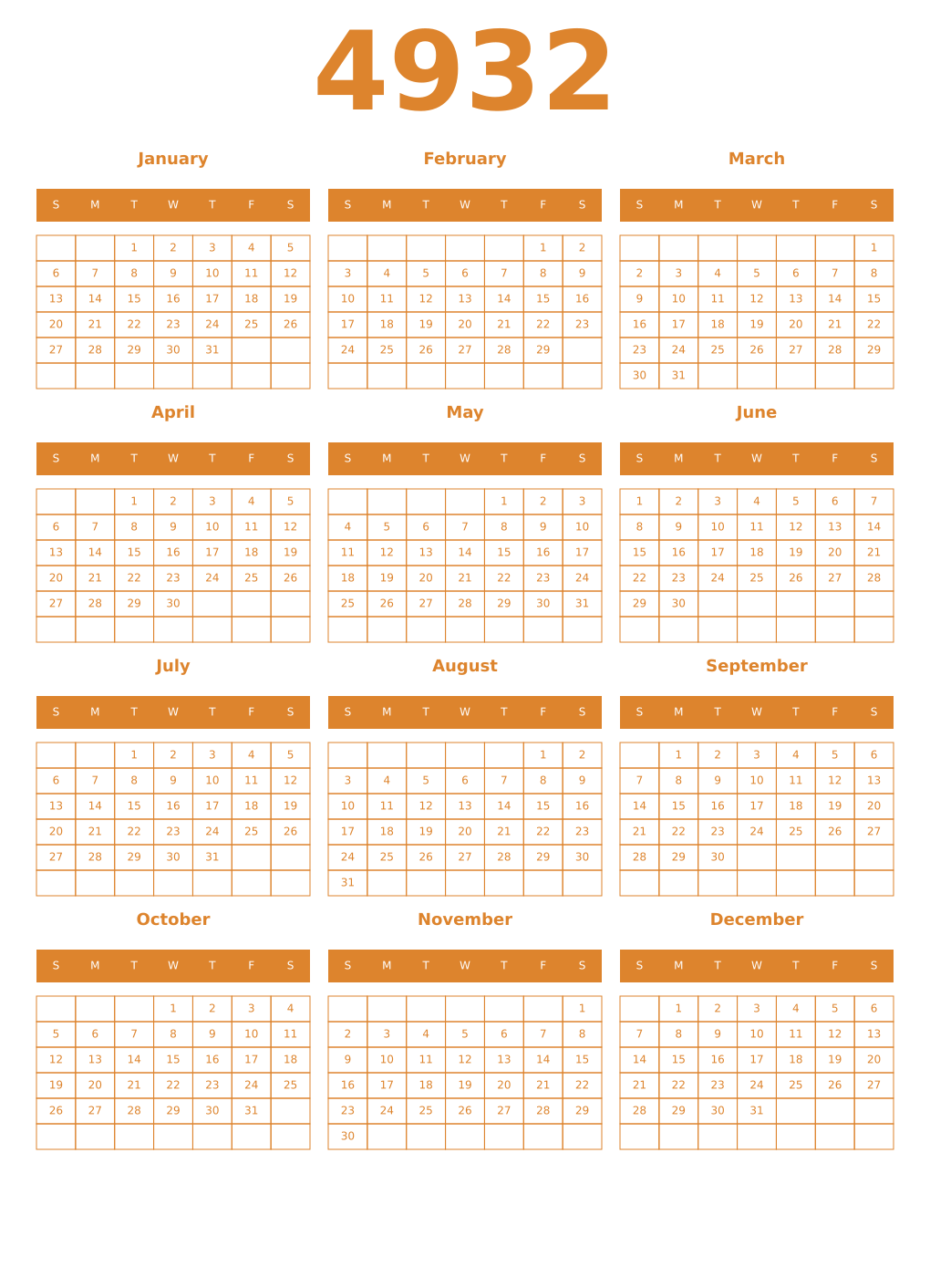 Printable 4932 Year Calendars orange