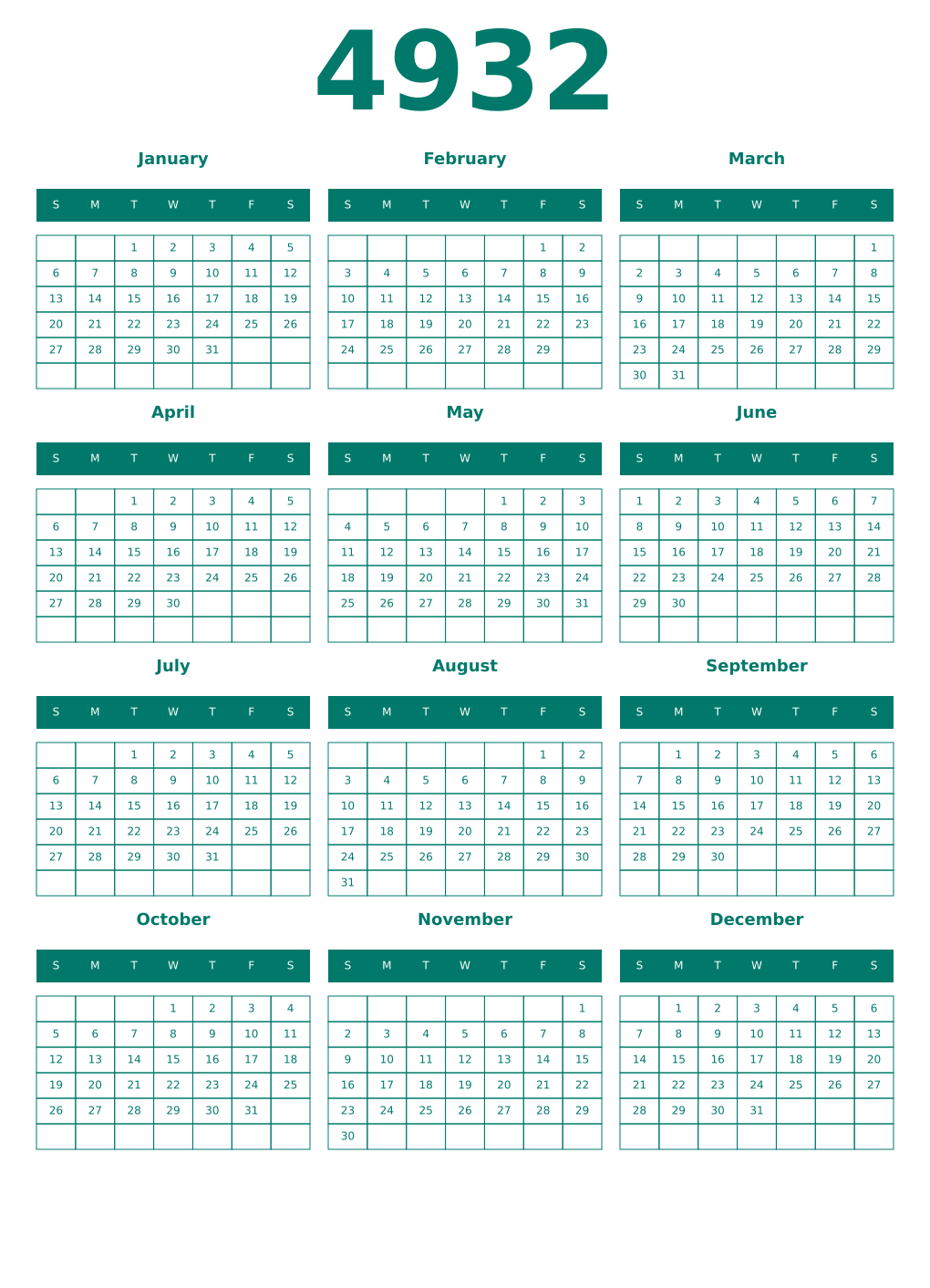 Printable 4932 Year Calendars pastel