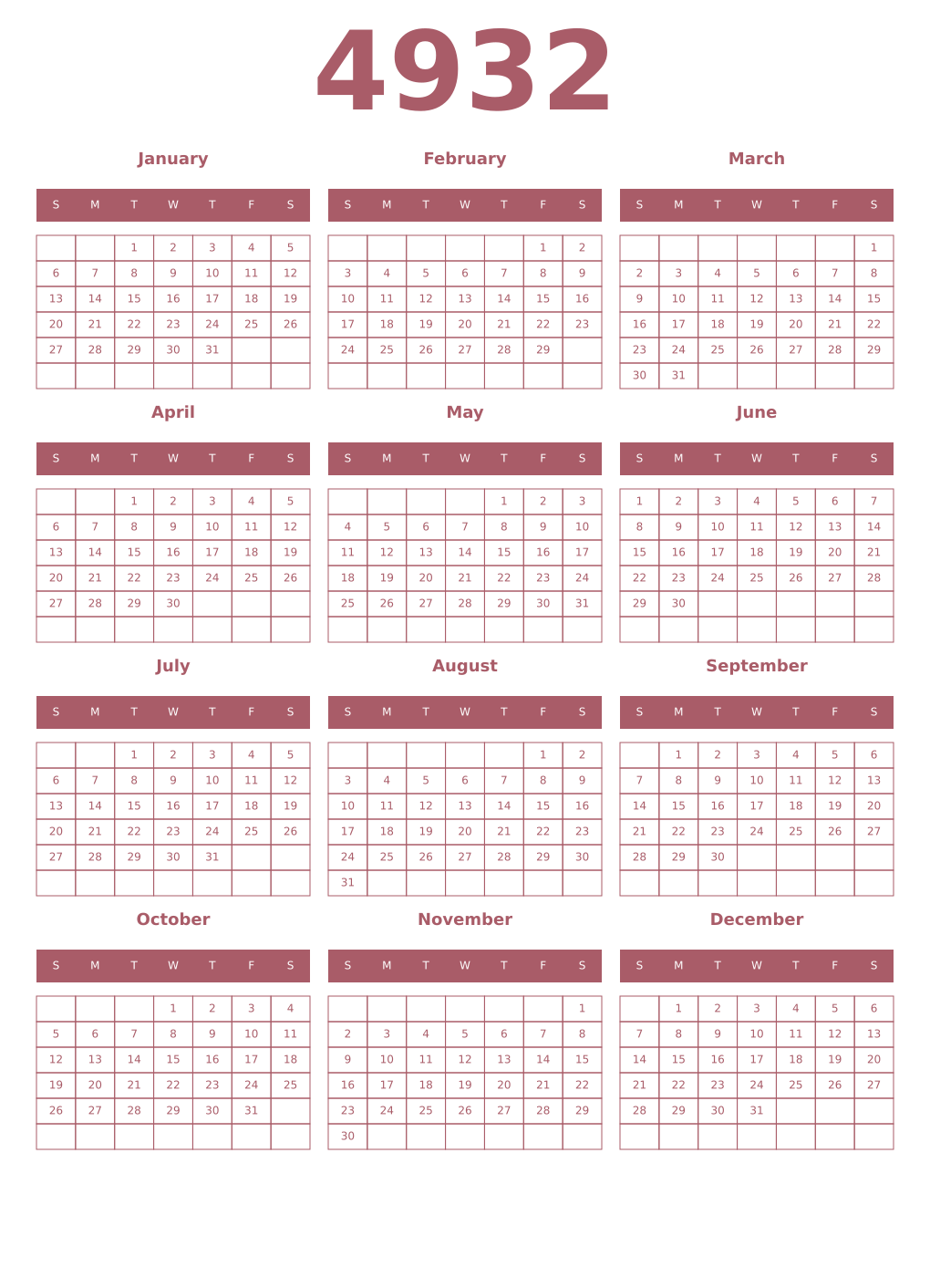 Printable 4932 Year Calendars puce