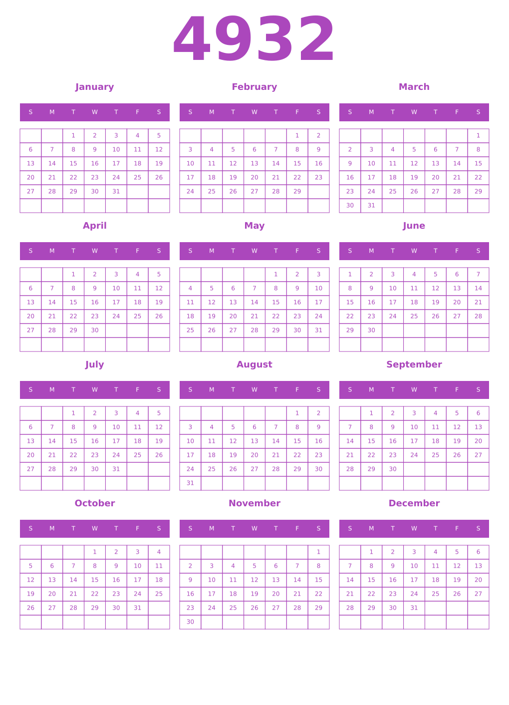 Printable 4932 Year Calendars purple