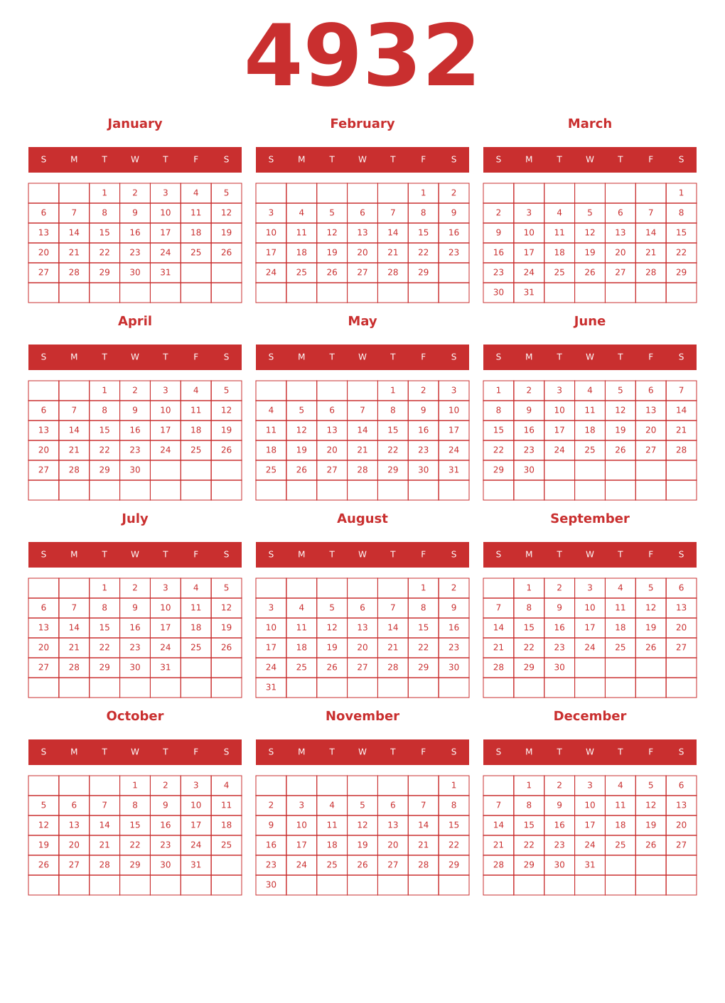 Printable 4932 Year Calendars red