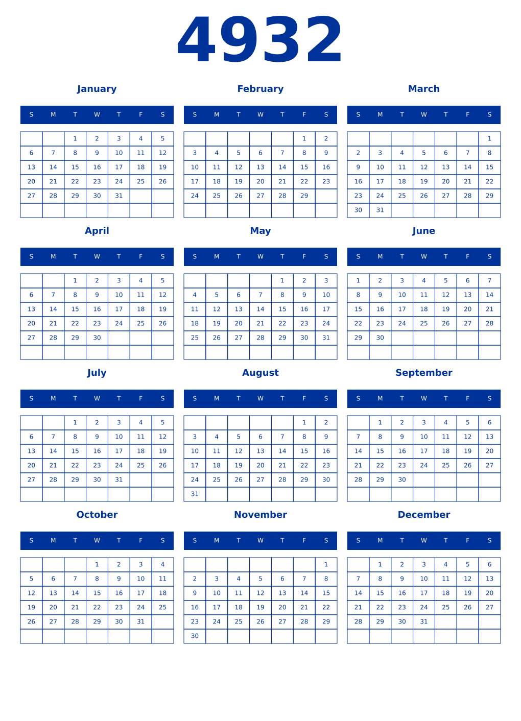 Printable 4932 Year Calendars smalt
