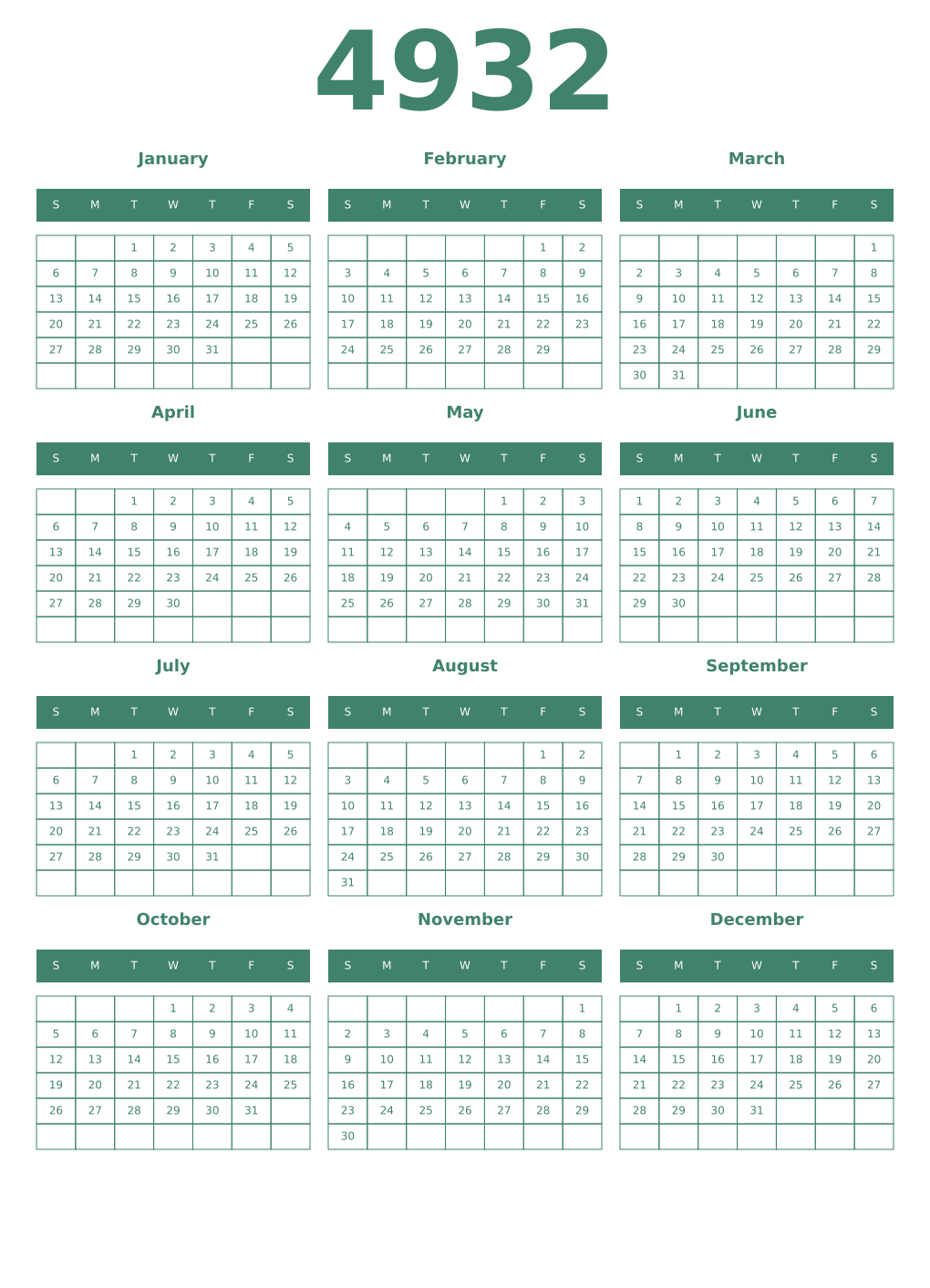 Printable 4932 Year Calendars viridian