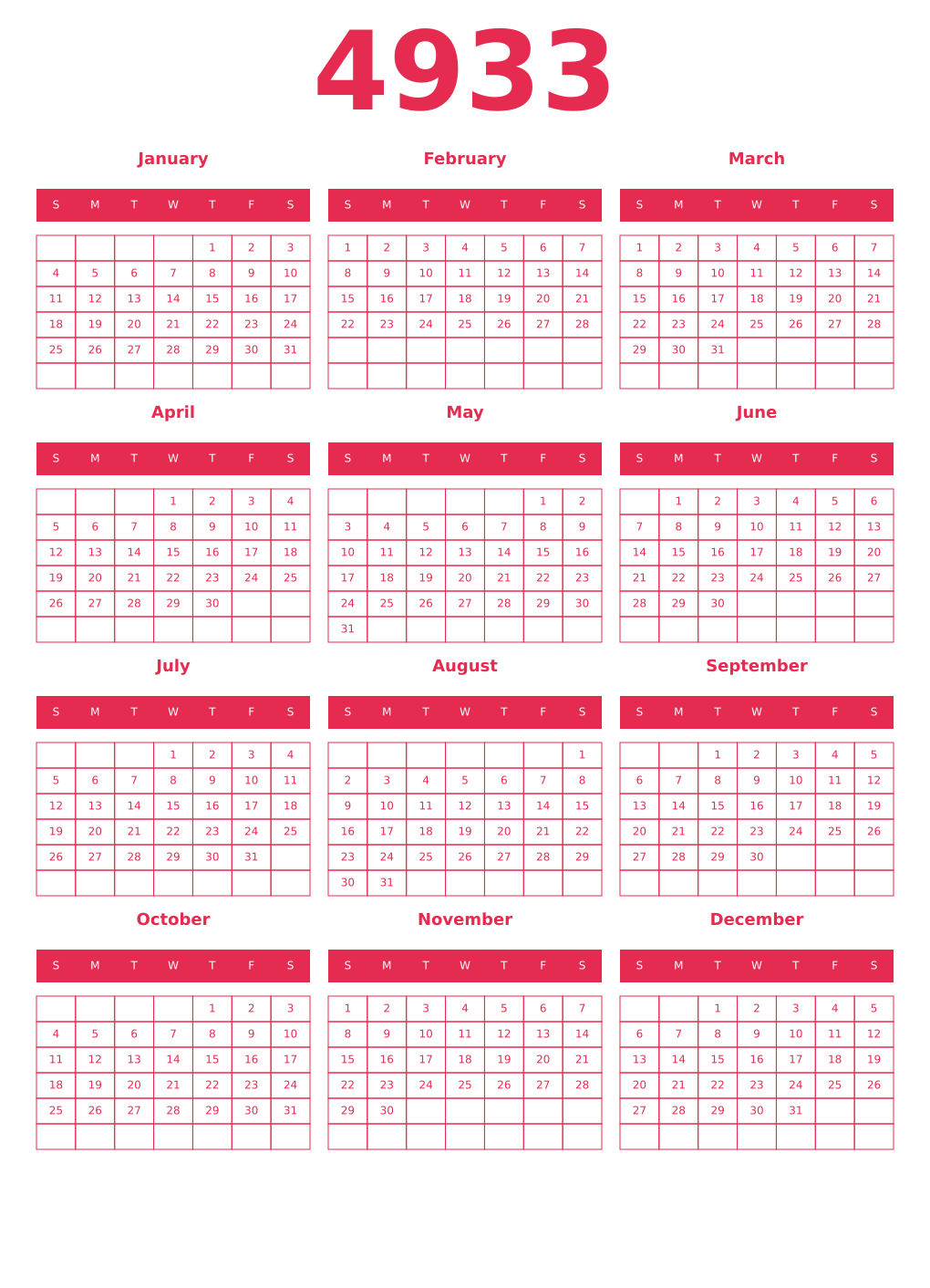 Printable 4933 Year Calendars amaranth