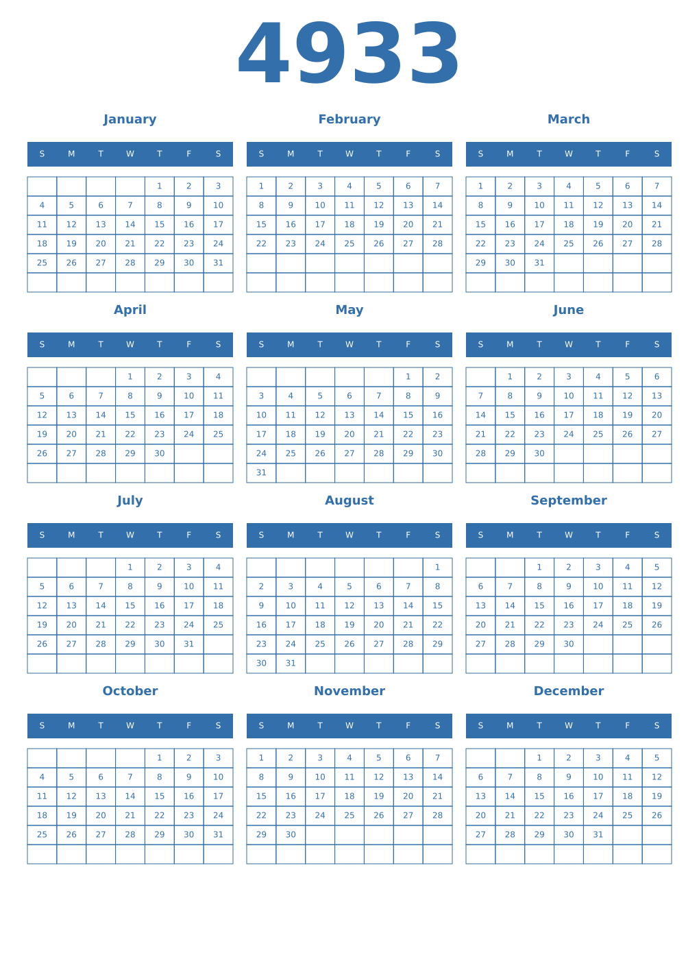 Printable 4933 Year Calendars blue