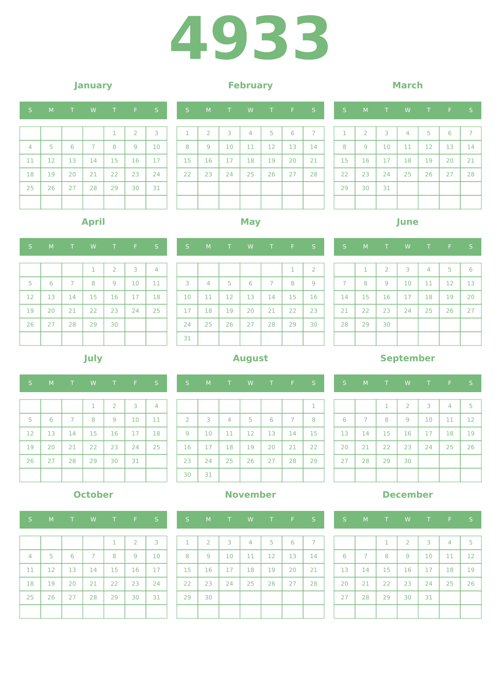 Printable 4933 Year Calendars celadon