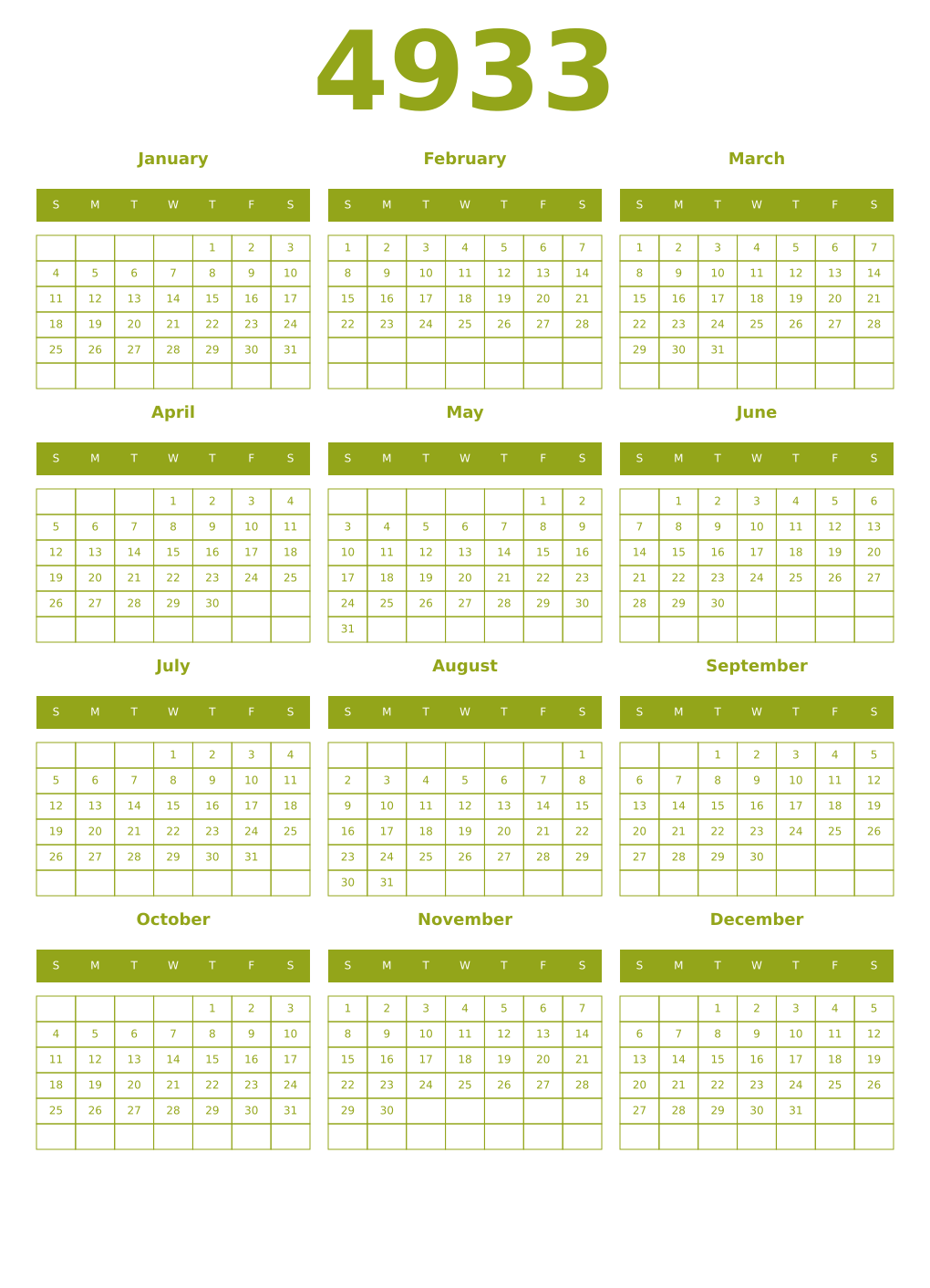 Printable 4933 Year Calendars chartreuse