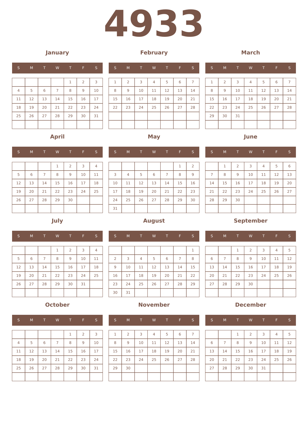 Printable 4933 Year Calendars coffe