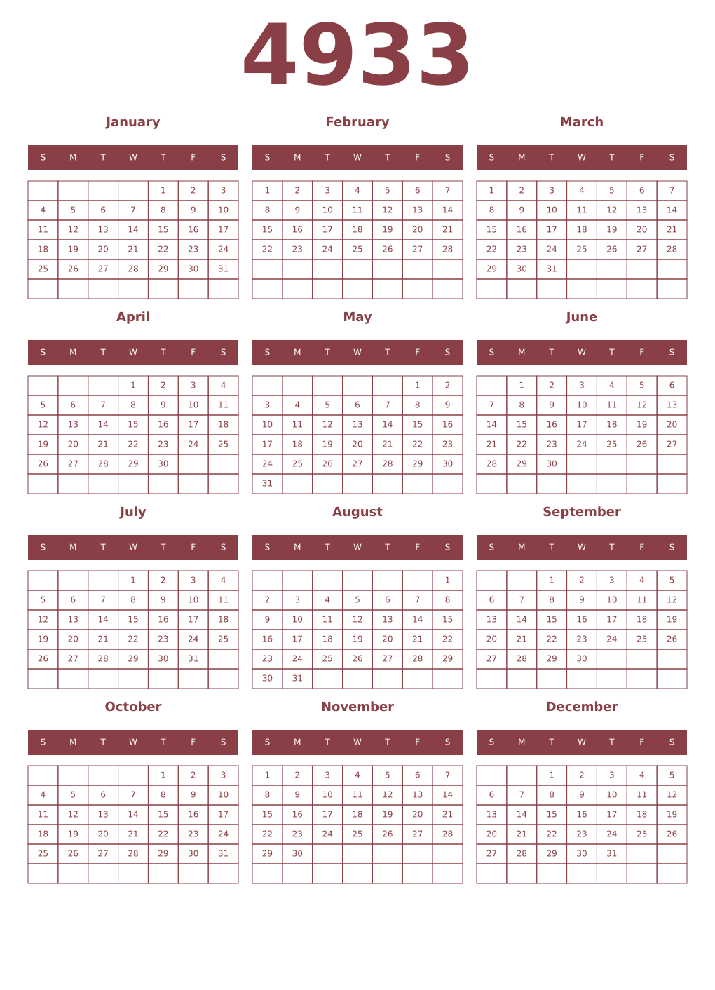 Printable 4933 Year Calendars cordovan