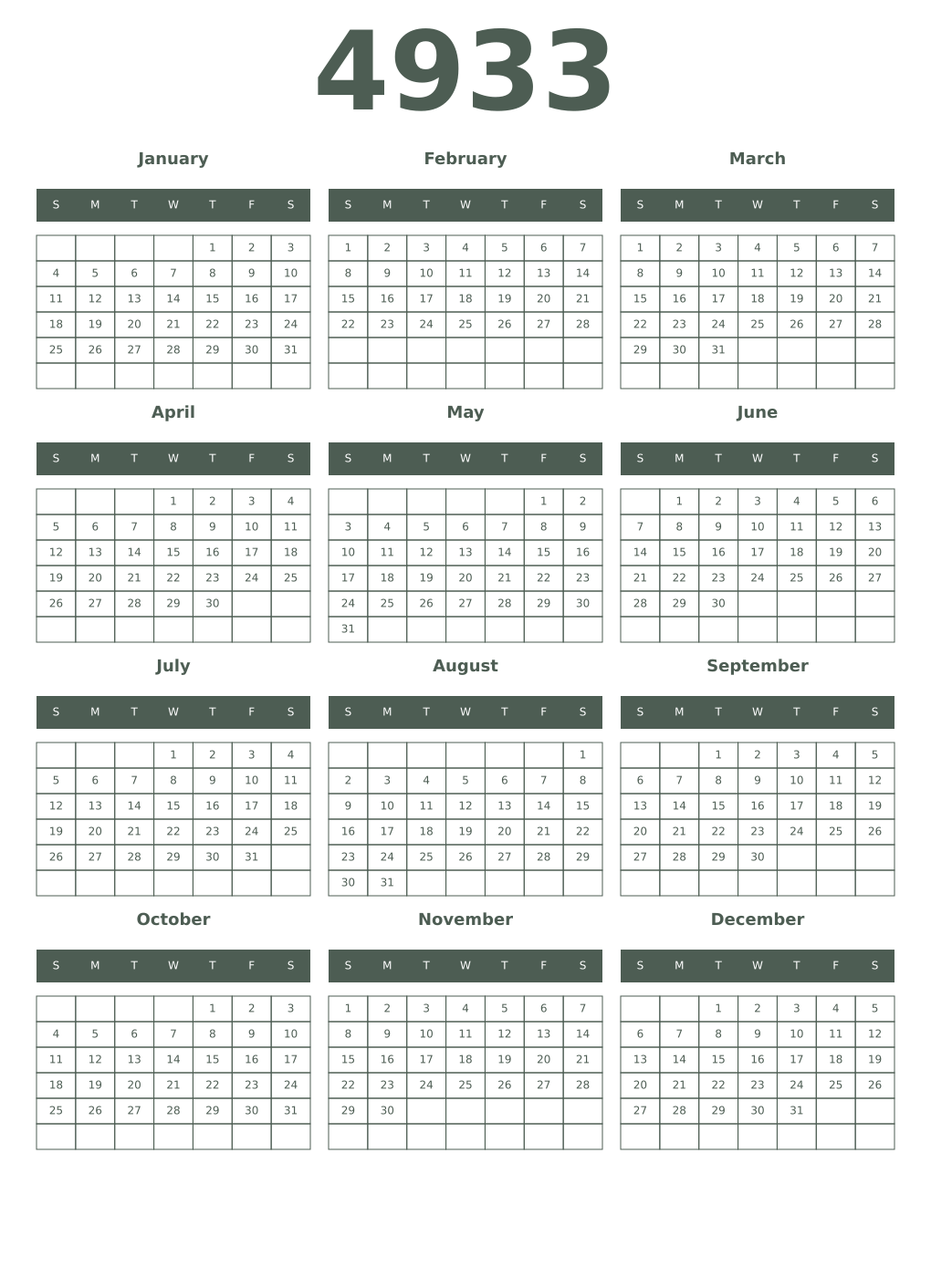 Printable 4933 Year Calendars feldgrau