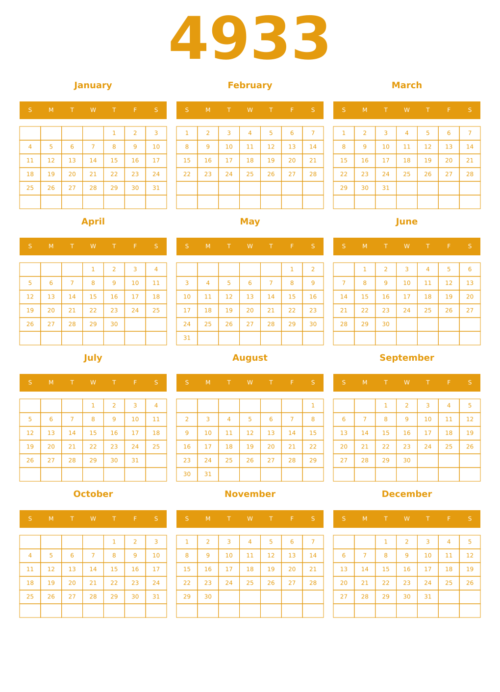 Printable 4933 Year Calendars gamboge