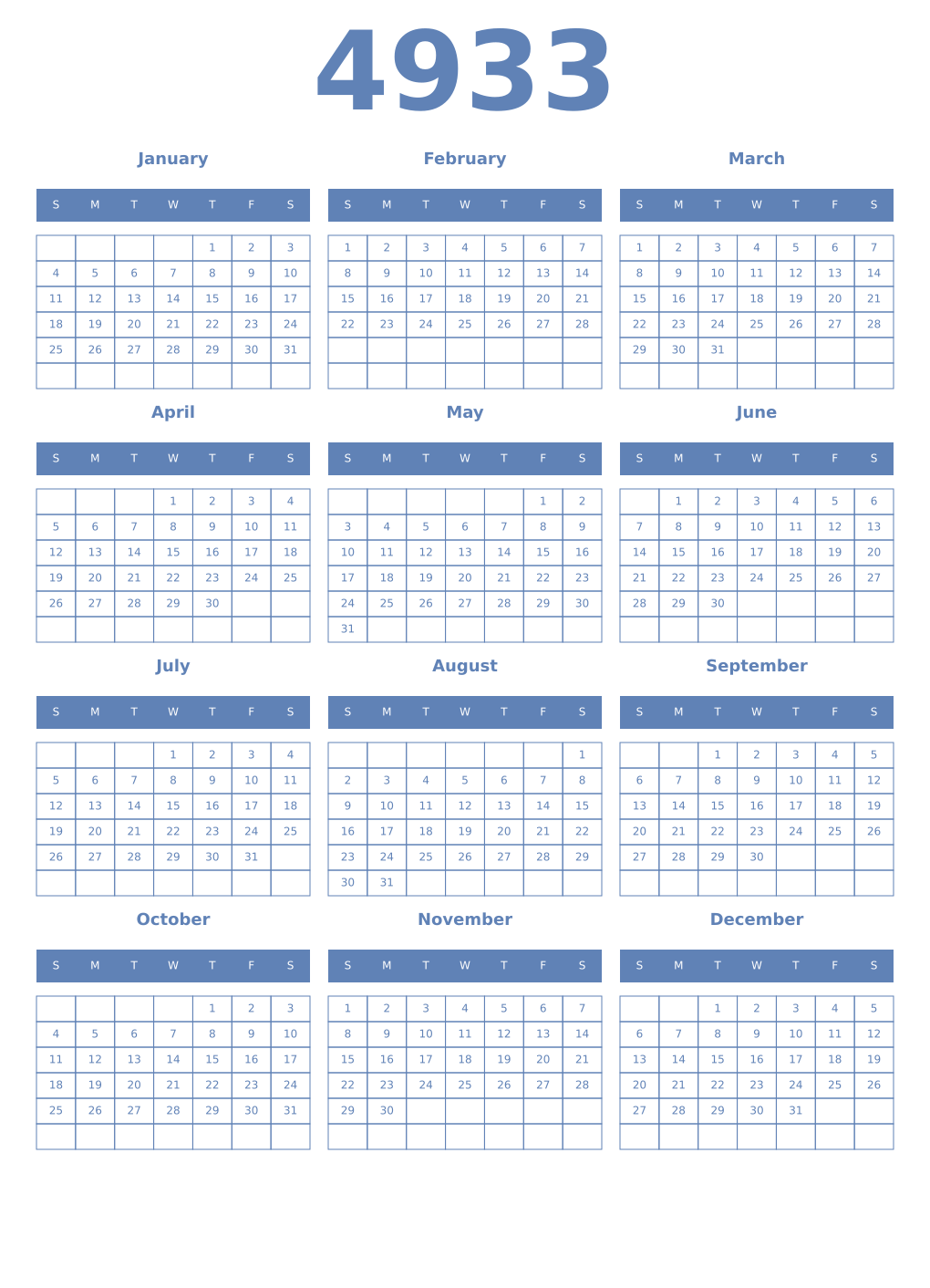 Printable 4933 Year Calendars glaucous